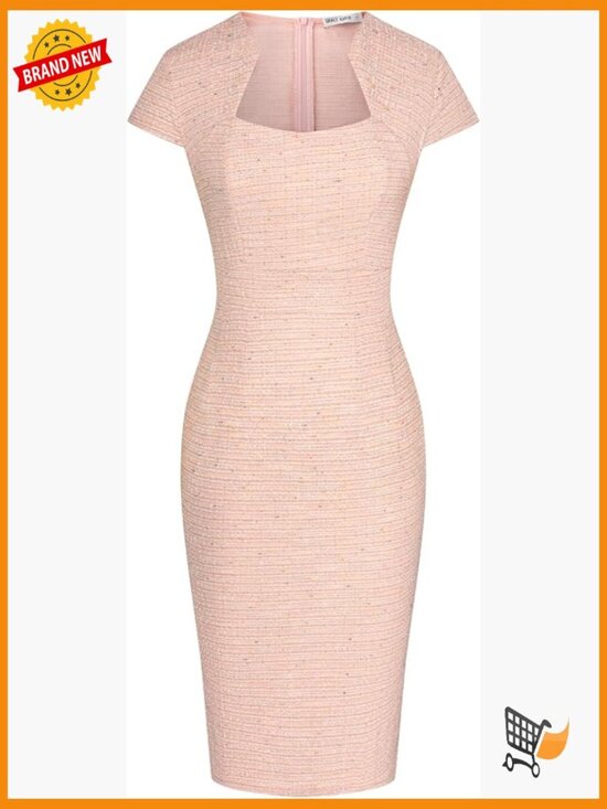 Dresses & Skirts - Bodycon Pencil Dress Cap Sleeve V-Neck Zip Back Tweed Midi for Work